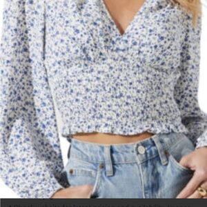 Paper Crane Blue & White Floral boho- chic Smocked Peplum Crop Top - Size M